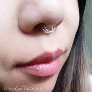Fake Double Hoop Septum Nose Ring Faux False Jewelry Clip On No Piercing - Sterling Silver/14K Gold Filled