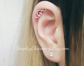 Treble Cleff Music Note Cartilage Earring Helix Jewelry - Sterling Silver, 14K Gold Filled