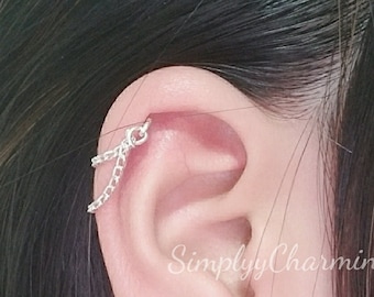 Double Chain Cartilage Earring, Dainty Helix Chain Earring, Layered Ear Chain Jewelry, Sterling Silver or 14K Gold Filled
