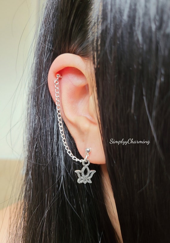 Lotus Flower Cartilage Chain Earrings Chain Double Stud Lobe To Cartilage Helix Ear Cuff Or Cartilage Piercing Lotus Flower Charm Earring