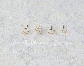 Tiny Heart Infinity Bow Cartilage Stud - Set of 4 Earrings - Simple Cartilage Helix Dainty Studs Jewelry - Sterling Silver/14K Gold Filled