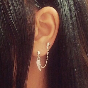 Tiny Angel Wing Double Lobe Chain Earring Double Lobe Piercing Chain Earring Feather Charm Dangle Silver Leaf Jewelry