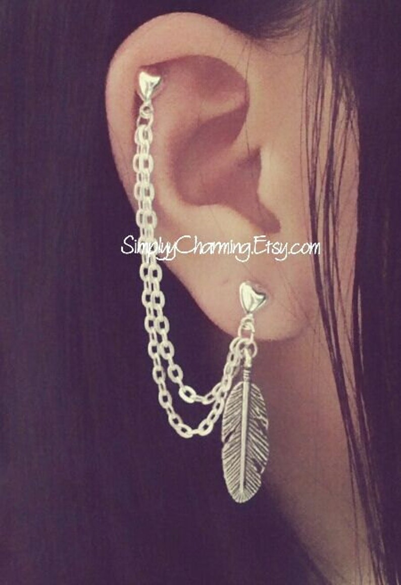 Feather Cartilage Chain Earring Double Lobe Helix Ear Cuff Etsy UK
