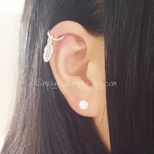 Leaf Cartilage Hoop Earring, Helix Hoop Earring, Conch Earring, Dangle Cartilage Hoop, Ear Cuff, Silver Tiny Leaf Charm 18 Gauge Hoop image 1