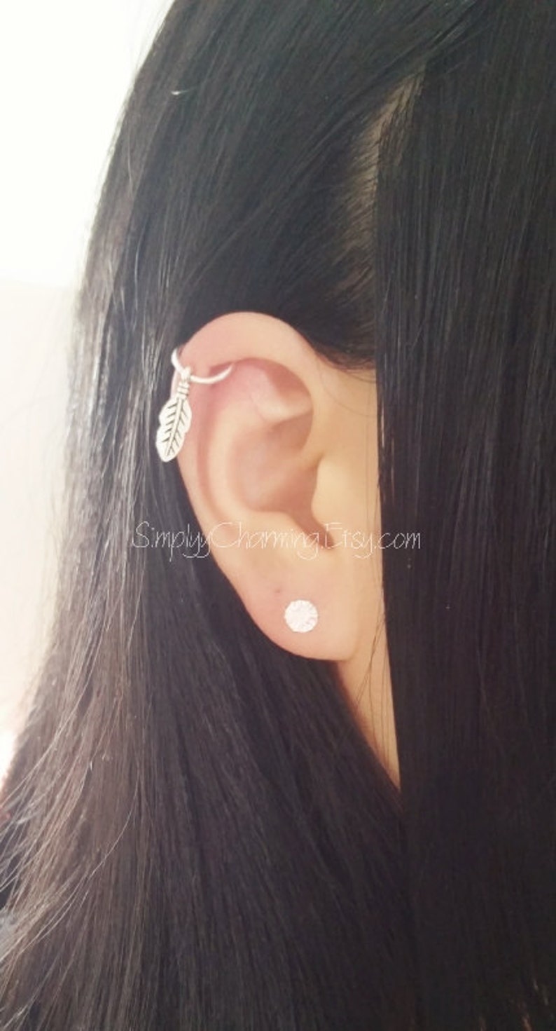 Leaf Cartilage Hoop Earring, Helix Hoop Earring, Conch Earring, Dangle Cartilage Hoop, Ear Cuff, Silver Tiny Leaf Charm 18 Gauge Hoop image 1