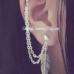 Feather Helix Cartilage Chain Earring Double Piercing Lobe To Helix Ear Cuff Double Chain Piercing Heart Stud Dainty Bird Feathers - A Pair