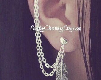 Feder Helix Knorpel Ketten Ohrring Doppel Piercing Lobe Zu Helix Ohrmanschette, 925 Sterling Silber, Doppel Ketten Piercing - Ein Paar