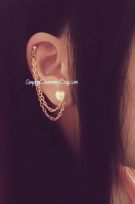 Pearl Heart Cartilage Chain Earrings Double Lobe Helix Ear Cuff