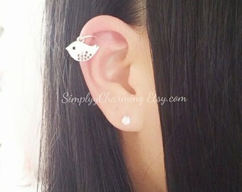 Bird Cartilage Hoop Earring, Helix Hoop Conch, Dangle Cartilage Earring Hoop, Ear Cuff, Tiny Little Silver Bird Charm - 18 Gauge Hoop