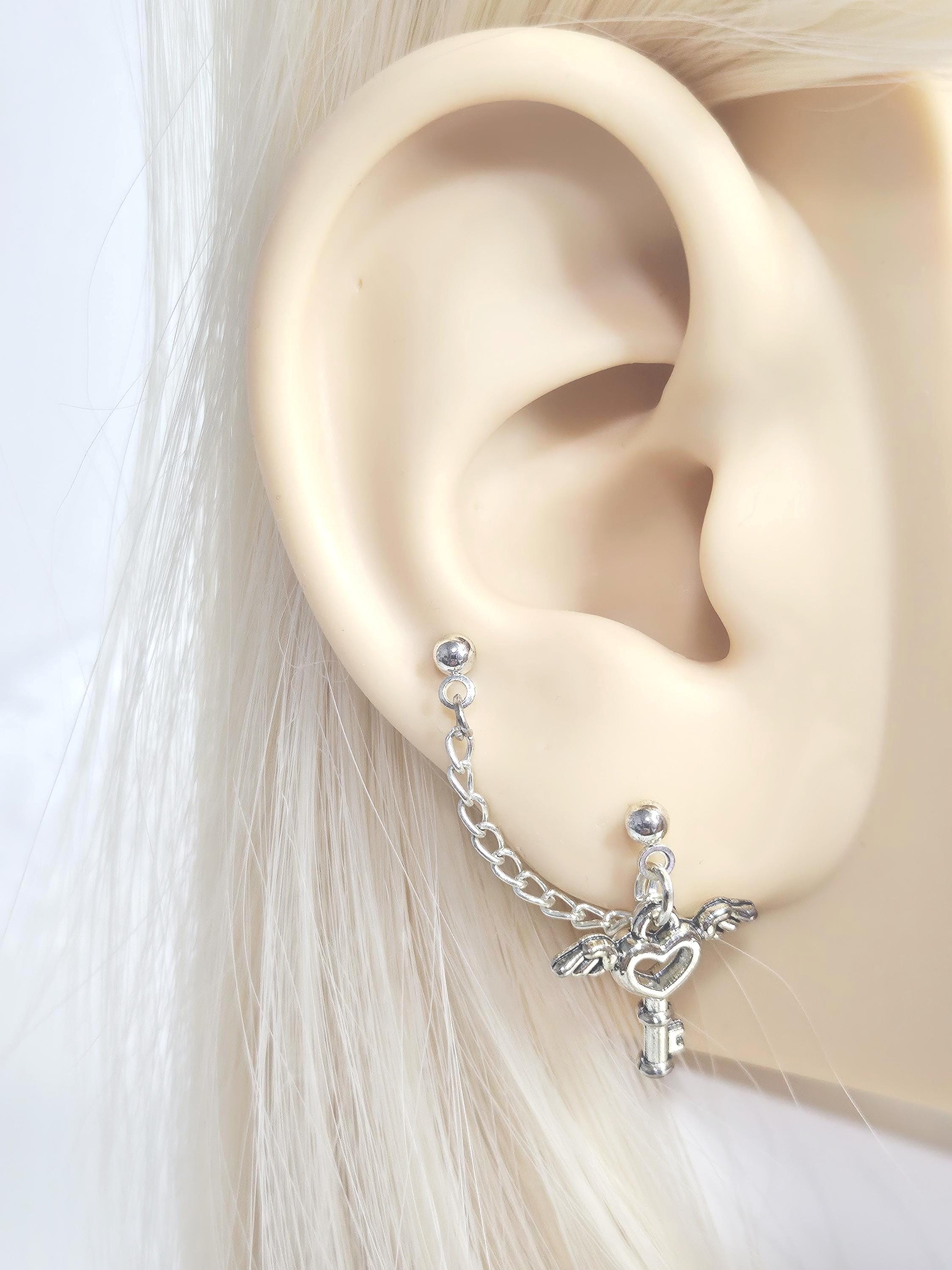Piercing Keychain Key and Lock Double Piercing Chain Earring, Two Hole Piercing Jewelry ...
