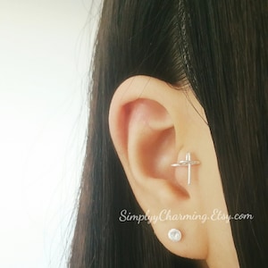 Boucle d'oreille imitation croix Tragus à clip sur fausse boucle d'oreille ou vraie, à vous de choisir - Argent sterling/or 14 carats