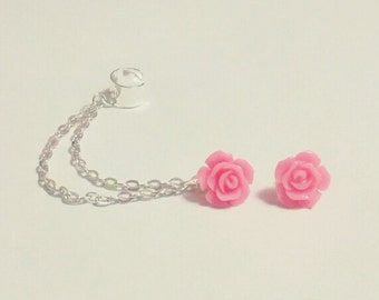 Pink Rose Flower Stud Cartilage Chain Helix Earrings Double Lobe Piercing Or Ear Cuff Multiple Piercing Earring