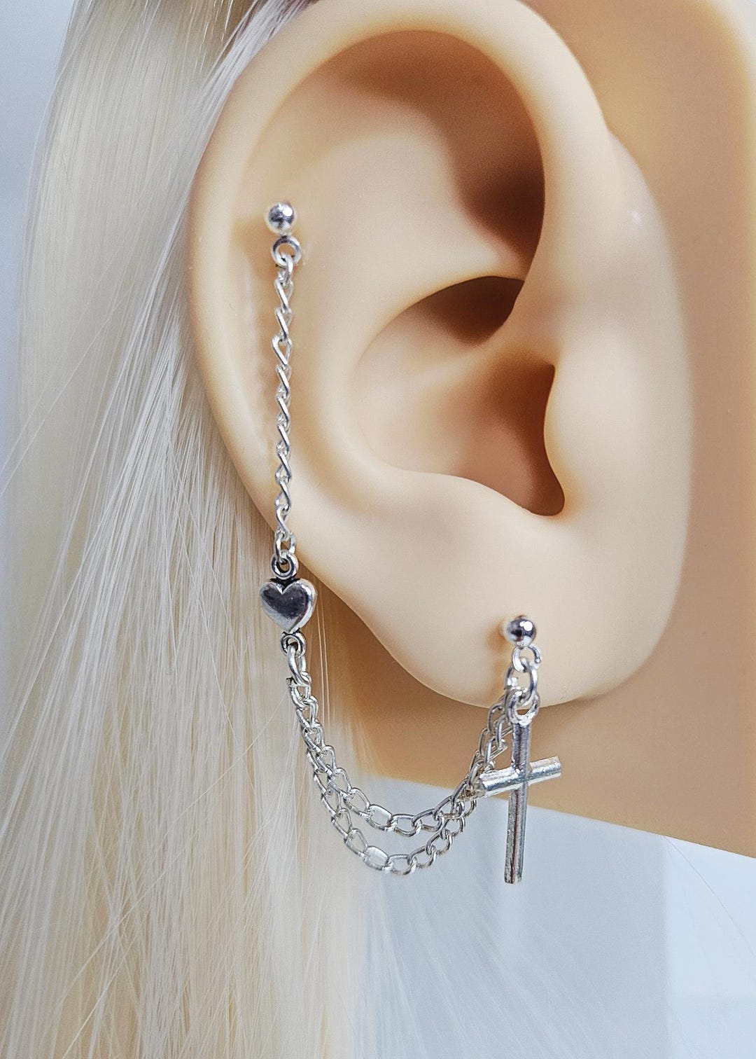 Buy Cross Heart Helix Cartilage Chain Earrings Double Piercing or Cuff  Christian Earring Lobe to Cartilage Helix Ear Cuff Multiple Piercing Set  Online