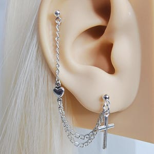 Cross Heart Helix Cartilage Chain Earrings Double Piercing Or Cuff Christian Earring Lobe To Cartilage Helix Ear Cuff Multiple Piercing Set