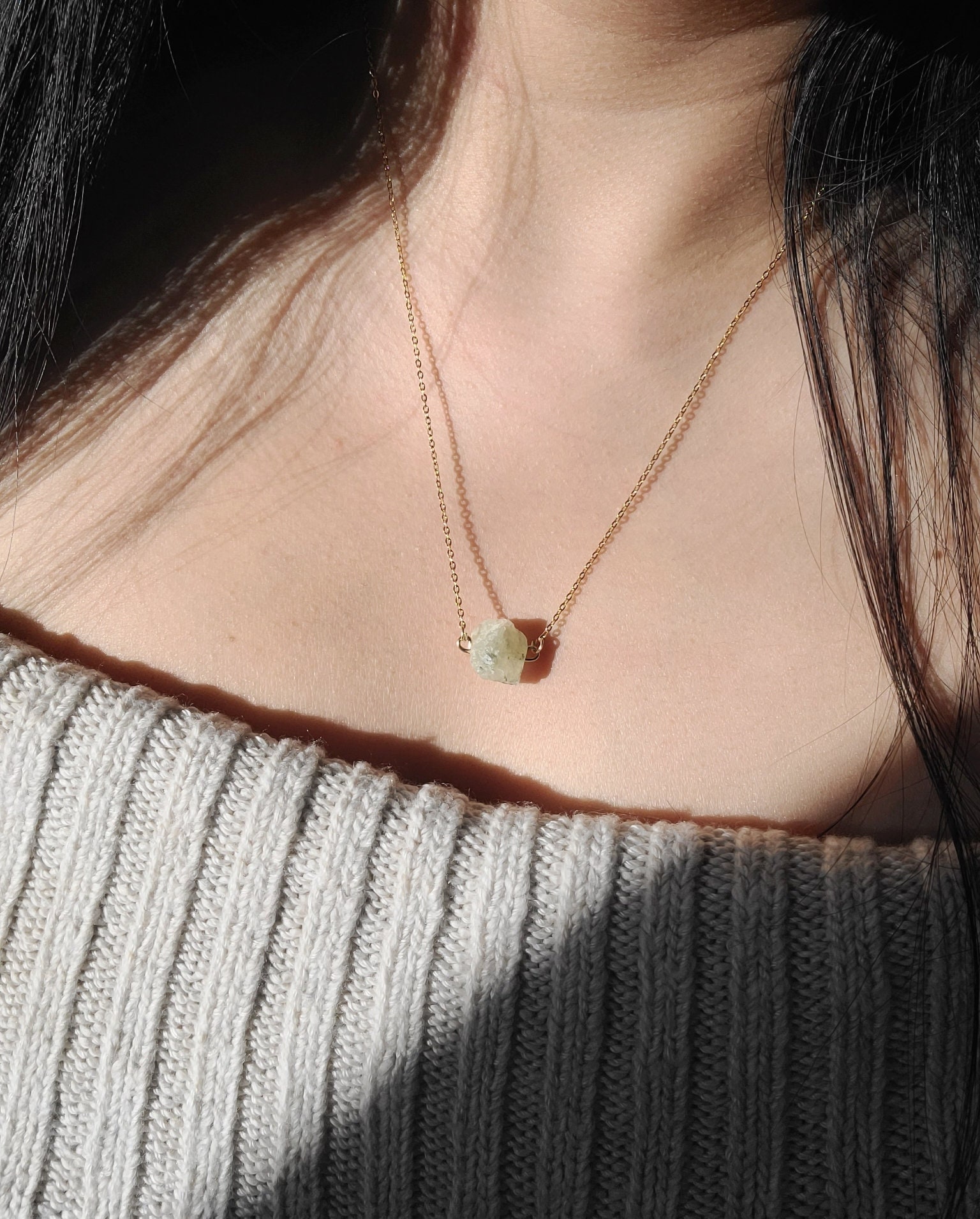 Raw Prehnite Crystal Necklace, Green Gemstone Crystal Pendant, Natural Clear Quartz, Amethyst, Rose Quartz, Aquamarine, Real Crystal Jewelry