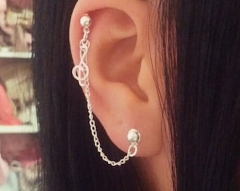 Music Note Treble Clef Cartilage Helix Chain Earring Melody Musical Charm Double Lobe To Cartilage Helix Ear Cuff Multiple Piercing Earrings