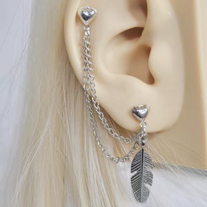 Feather Cartilage Helix Chain Earring Double Chain Lobe To Helix Piercing Ear Cuff Heart Stud Bird Feather Charm Multiple Piercings - A Pair