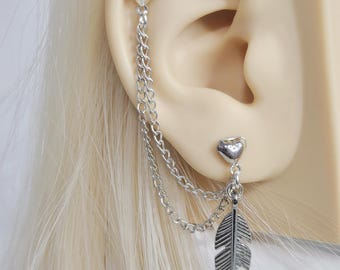 Feder Knorpel Helix Ketten Ohrring Doppel Kette Lobe Zu Helix Piercing Ohrmanschette Herz Bolzen Vogel Feder Charme Mehrere Piercings - Ein Paar