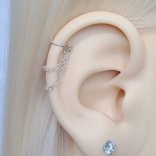 Cartilage Ear Cuff Double Chain, Dainty Helix Ear Cuff, Fake Conch