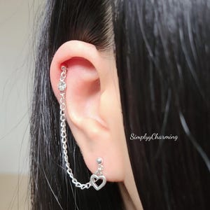 Tiny Heart Helix Cartilage Chain Earrings Set Double Lobe To Helix Piercing Or Ear Cuff, Double Pierced Stud Chain Dainty Dangle Heart