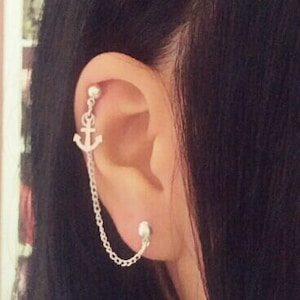 Anchor Cartilage Chain Earring Double Lobe To Cartilage Helix Ear Multiple Piercings Cuff, Tiny Nautical Anchor Charm Dangle Earring
