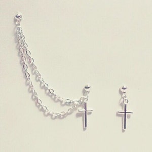 Small Cross Cartilage Chain Earrings Helix Double Piercing Studs Christian Religious Double Chain Multiple Piercing Earrings Set