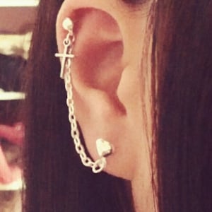 Tiny Cross Chain Earring, Double Lobe To Cartilage Helix Chain Earring, Double Piercings Earrings, 925 Sterling Silver, Christian Jewelry