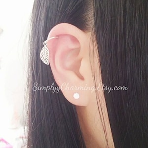 Leaf Cartilage Hoop Earring, Helix Hoop Conch Earring, Dangle Cartilage Earring Hoop, Small Silver Leaf Charm - 18 Gauge Hoop