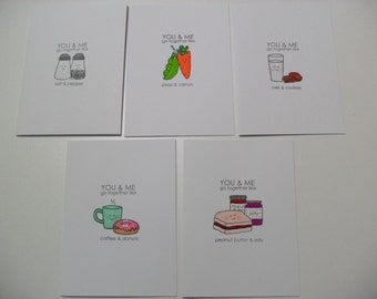 CLEARANCE - Set of 5 Valentine's Day Cards - Peanut Butter/Jelly, Coffee/Donuts, Peas/Carrots, Milk/Cookies, Salt/Pepper - BLANK Inside