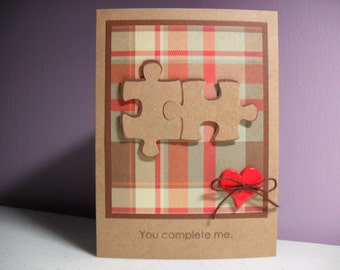 Handmade Anniversary/Love Card - Valentine's Day Card - You Complete Me - Puzzle Pieces Card - Plaid - BLANK Inside