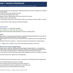 May include: A digital document titled Budget vs. Actual + Variance Dashboard for small businesses. It outlines seven tabs including Setup, Monthly Budget, Monthly Actuals, Variance Analysis, Dashboard, Executive Summary, and Commentary Log.