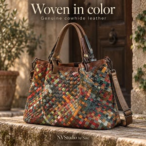 May include: A handbag made of genuine cowhide leather featuring a multi-colored woven pattern in shades of red, green, blue, and orange. The bag includes two brown leather handles, a detachable shoulder strap, and metal hardware. Text reads Woven in color.