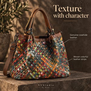 May include: A handbag made of woven colorful leather strips with brown leather handles and a shoulder strap. The bag features text that reads Texture with character, Genuine cowhide leather, Woven colorful leather strips, and NVStudio by Nate.