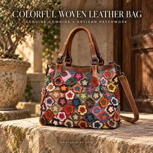 May include: A leather handbag featuring a patchwork of diamond-shaped panels adorned with multi-colored leather flower appliqués. The bag includes two brown leather handles, a detachable shoulder strap, and the text COLORFUL WOVEN LEATHER BAG.