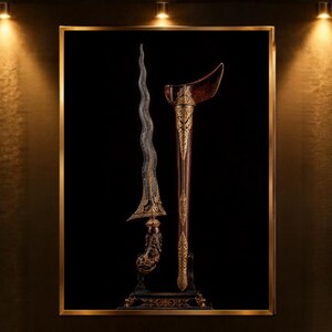 Keris väggkonsttryck, indonesisk traditionell dolk, javanesisk kulturell artefakt, antik guld utskrivbar konst