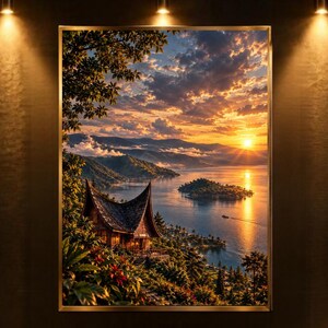 May include: A rectangular wall art print in a gold frame depicting a sunset over a large lake with a traditional house featuring a curved, pointed roof in the foreground. The scene includes lush green trees, distant mountains, and a small island.