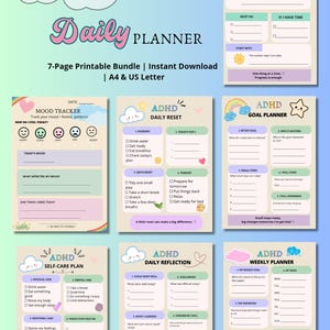 May include: A 7-page printable ADHD daily planner bundle featuring pastel-colored templates for mood tracking, goal setting, self-care, daily resets, reflections, and weekly planning. Each page includes checkboxes, prompts, and cloud illustrations.