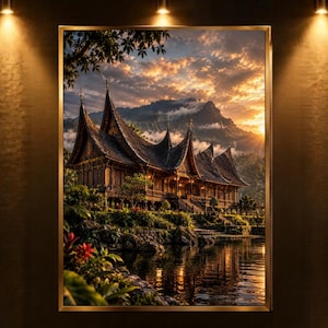 May include: A framed wall art print depicting a traditional wooden house with multiple pointed, curved roofs situated beside a calm body of water. The scene features a mountainous backdrop under a sunset sky with orange and yellow clouds.