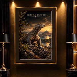 May include: A framed wall art print featuring a Komodo dragon standing on a rocky outcrop overlooking a tropical landscape at sunset. The text KOMODO DRAGON is printed in gold at the top centre of the image, which is encased in a gold frame.