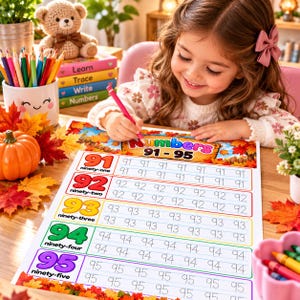 Peut inclure: Une feuille d'exercices éducative blanche présentant les nombres 91 à 95 avec des lignes en pointillés pour s'entraîner. La page est décorée de feuilles d'automne et du titre Numbers 91-95. Chaque nombre est écrit en gros caractères colorés.