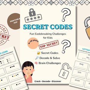 Puede incluir: Un conjunto de actividades en PDF imprimible titulado Secret Codes que presenta divertidos desafíos de descifrado de códigos para niños de 6 a 10 años. Las páginas incluyen ilustraciones de candados, signos de interrogación y acertijos.