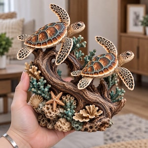 Peut inclure: Une sculpture décorative représentant deux tortues de mer nageant au-dessus d'un morceau de bois flotté texturé. La base est ornée de formations coralliennes détaillées dans des tons vert et beige, avec une petite étoile de mer orange.