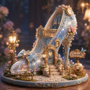 Puede incluir: Una escultura decorativa de zapato de tacón azul claro que presenta una casa en miniatura con puerta, escaleras y balcón. El zapato está adornado con detalles dorados, rosas, un reloj, un letrero que dice Cinderella y un carruaje pequeño.