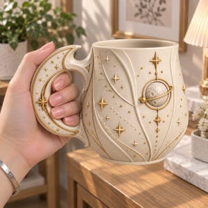 Pode incluir: Uma caneca de cerâmica cor de creme com um design celestial, apresentando estrelas douradas em relevo e um planeta texturizado com um anel. A alça tem o formato de uma lua crescente e a superfície é decorada com linhas em relevo e pontos dourados.