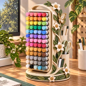 Può includere: Un organizer rotante per pennarelli con una cornice color crema decorata con fiori bianchi scolpiti, foglie verdi e una farfalla. L'unità presenta una griglia di tappi colorati e due scomparti cilindrici che contengono penne e forbici.