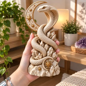 Op de afbeelding: Een beige hars sculptuur met een kronkelende cobra gewikkeld rond een cluster van heldere kristallen. Het stuk bevat een grote halve maan met gouden steraccenten aan de bovenkant en een kleinere halve maan met een gouden ster aan de basis.