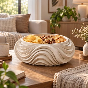 May include: A large, off-white serving bowl with a distinct layered, wavy, and rippled exterior texture. The bowl is filled with a variety of snacks, including golden potato chips, assorted nuts, and small round crackers, creating a textured centrepiece.