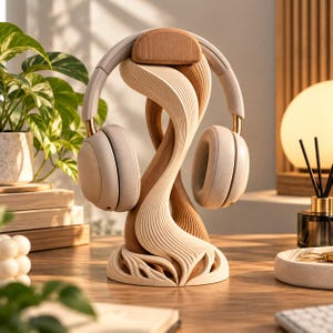 Könnte beinhalten: Ein beigefarbener Over-Ear-Kopfhörer auf einem skulpturalen Holzständer. Der Ständer hat ein geschwungenes, organisches Design mit geschichteten hellen und dunklen Holzmaserungen, die sich nach oben winden, um den Kopfhörer zu halten.