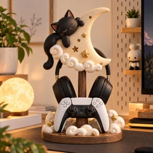 Könnte beinhalten: Ein Kopfhörer- und Controller-Ständer aus Holz mit einem geformten cremefarbenen Halbmond, auf dem eine schlafende schwarze Katze liegt. Der Mond ist mit goldenen Sternen und weißen Wolken verziert. Ein weißer Controller steht auf der Basis.