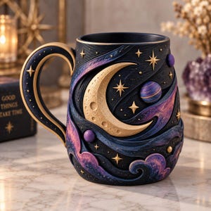 Può includere: Una tazza in ceramica blu navy scuro con un design celeste in rilievo e testurizzato. La tazza presenta una grande mezzaluna dorata, stelle dorate e nuvole nebulose vorticose viola e rosa. È visibile anche un piccolo pianeta viola.